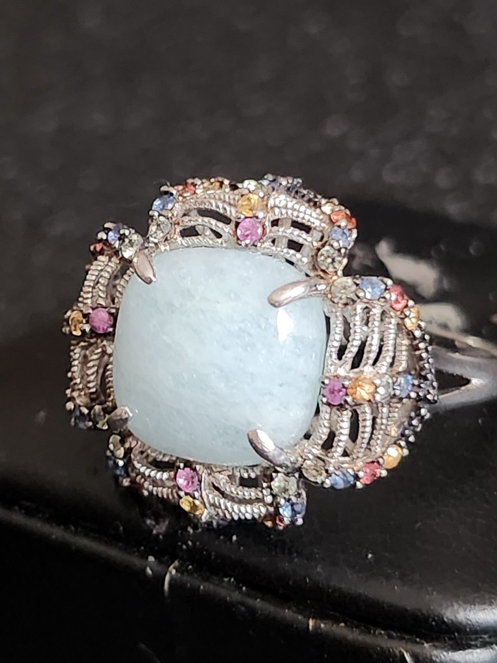 Gems en Vogue Milky Aquamarine Ring Multicolor Sapphire Accents Size 11